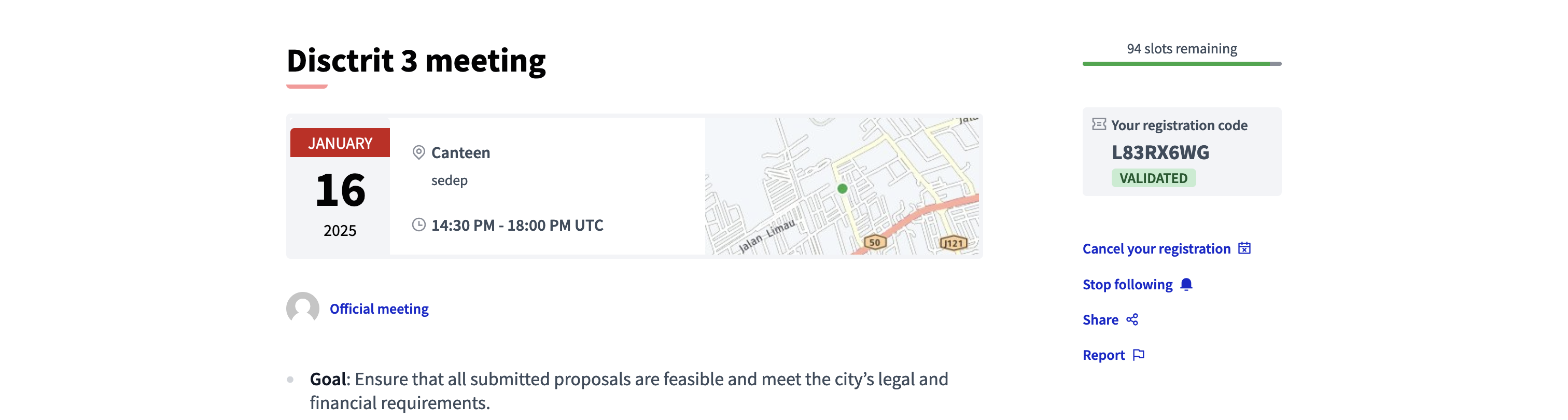 Registrierungscode in einem Meeting-Frontend