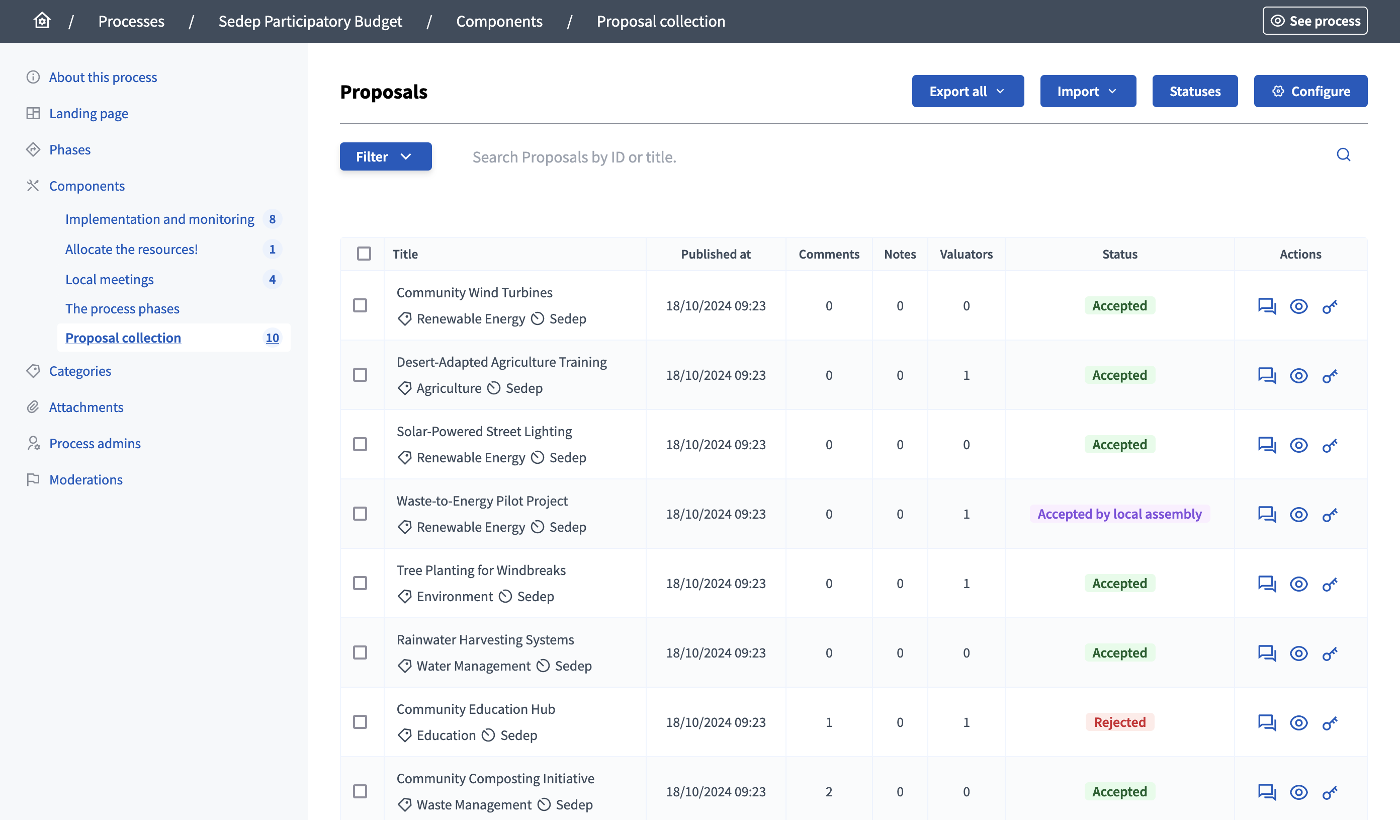 Manage proposals table