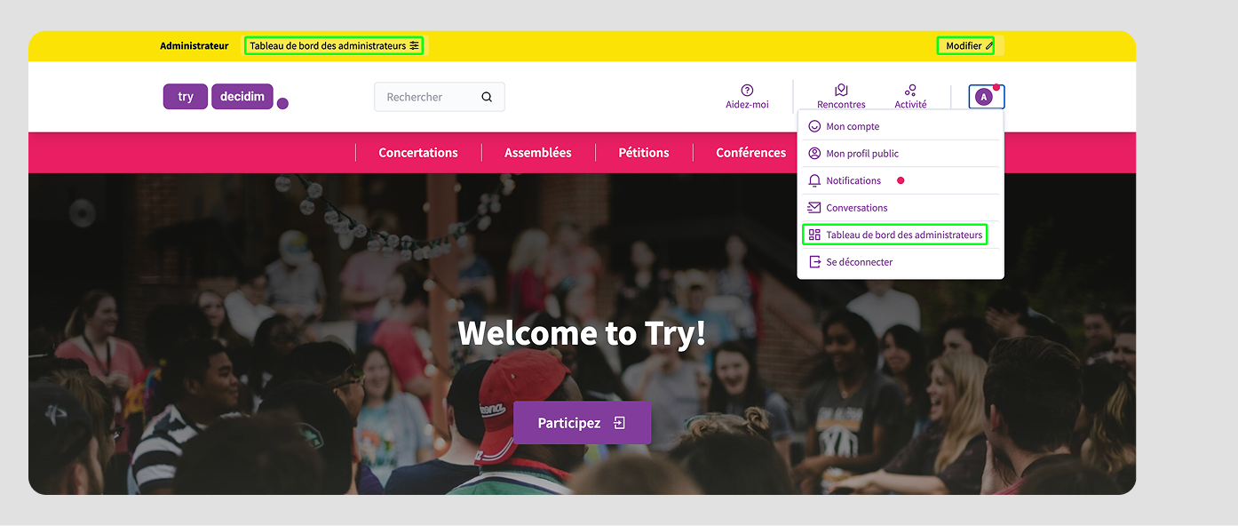 Decidim Admin Dashboard in user menu