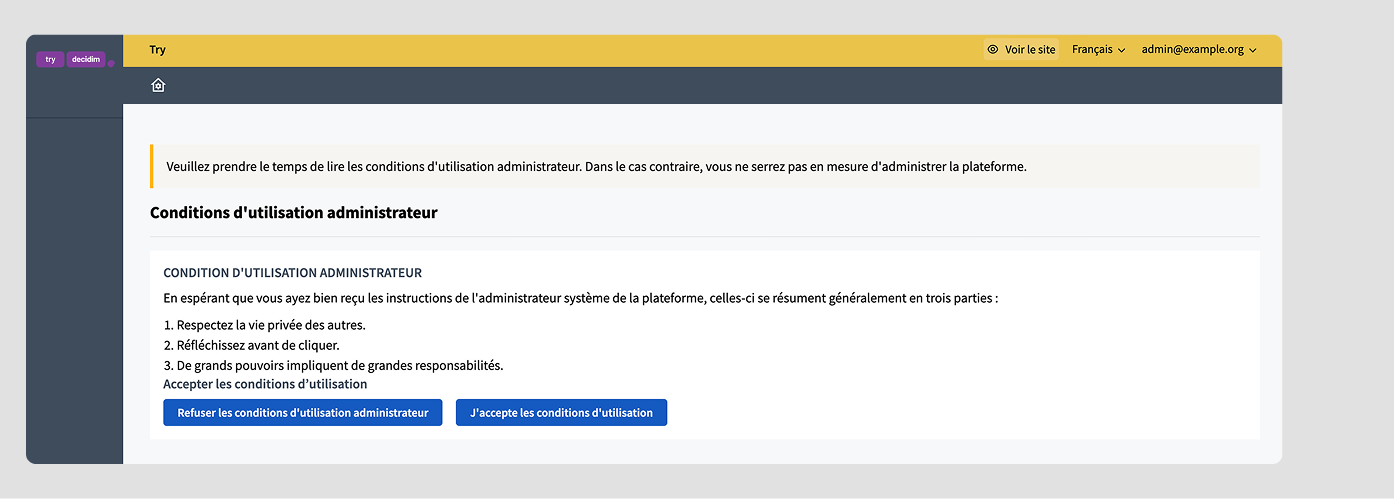 Decidim Admin Dashboard in user menu